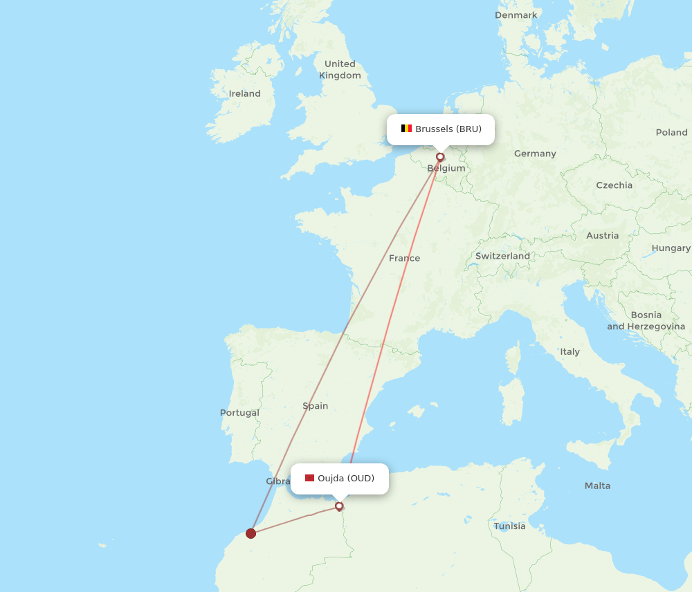 OUD to BRU flights and routes map