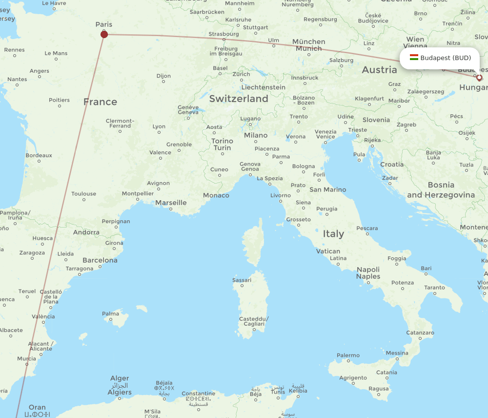 Budapest - Oujda route map and flight paths