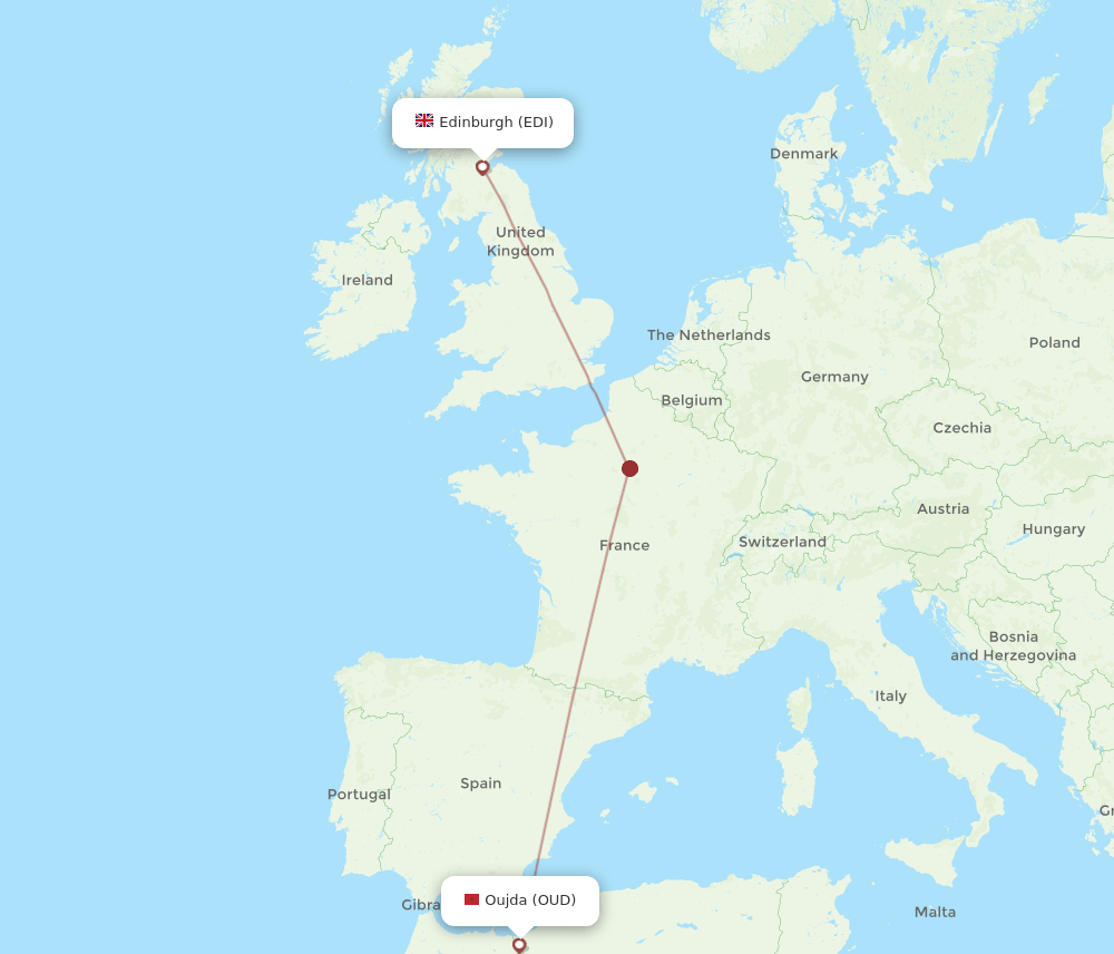 Edinburgh - Oujda route map and flight paths
