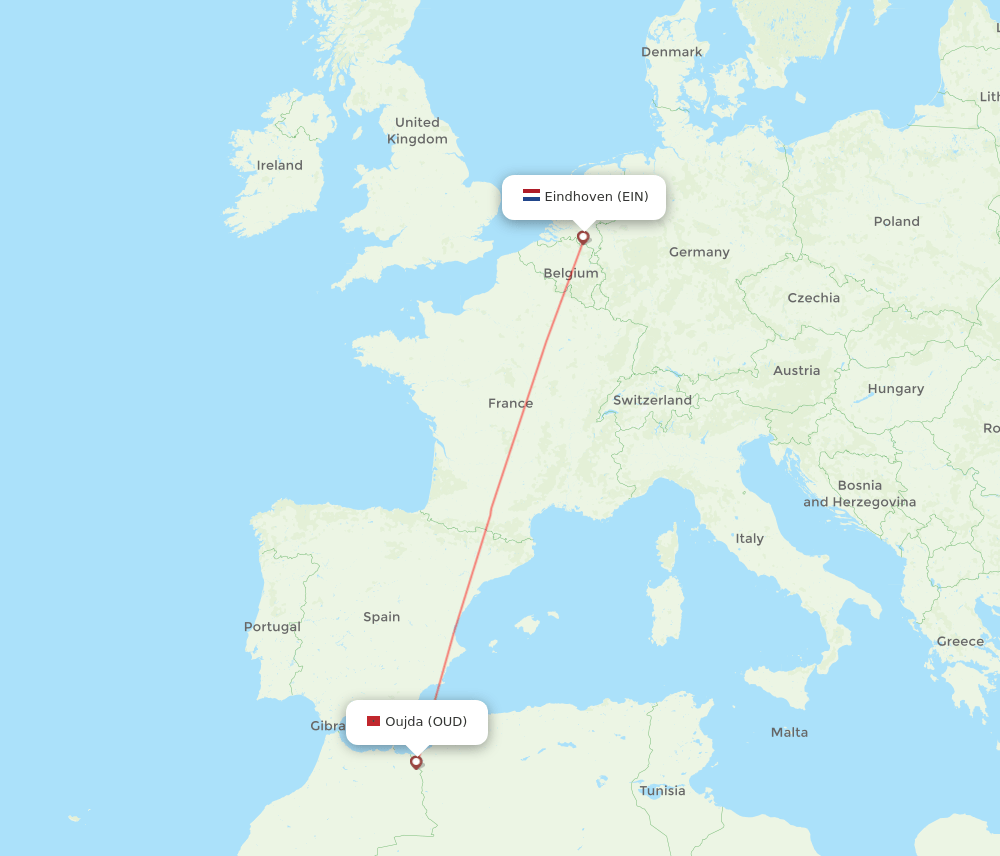 Oujda - Eindhoven route map and flight paths