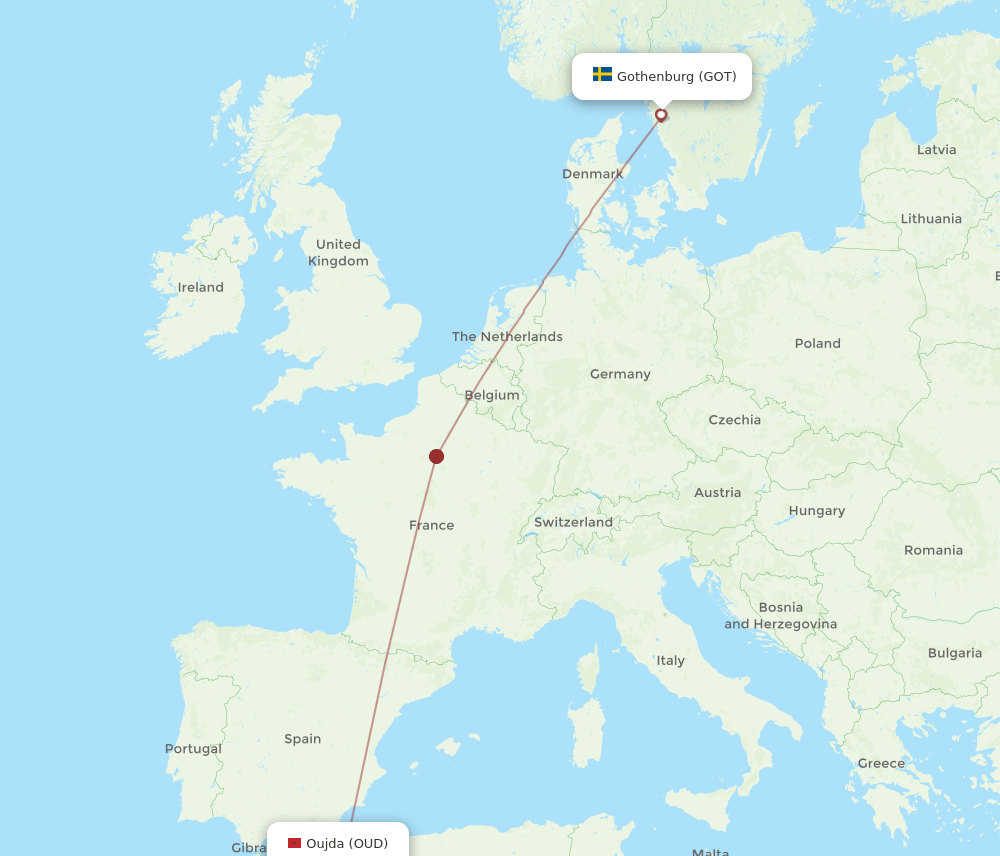 Gothenburg - Oujda route map and flight paths