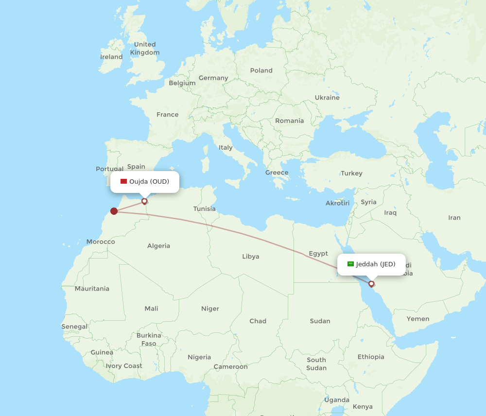 Oujda - Jeddah route map and flight paths