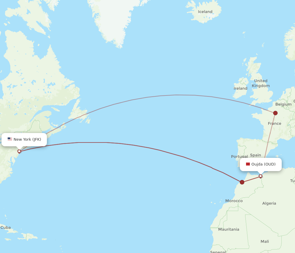 OUD to JFK flights and routes map