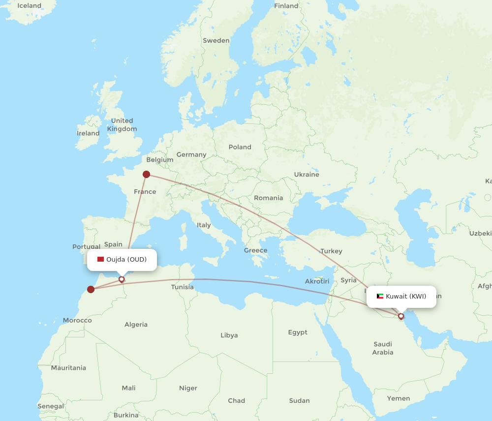 Kuwait - Oujda route map and flight paths