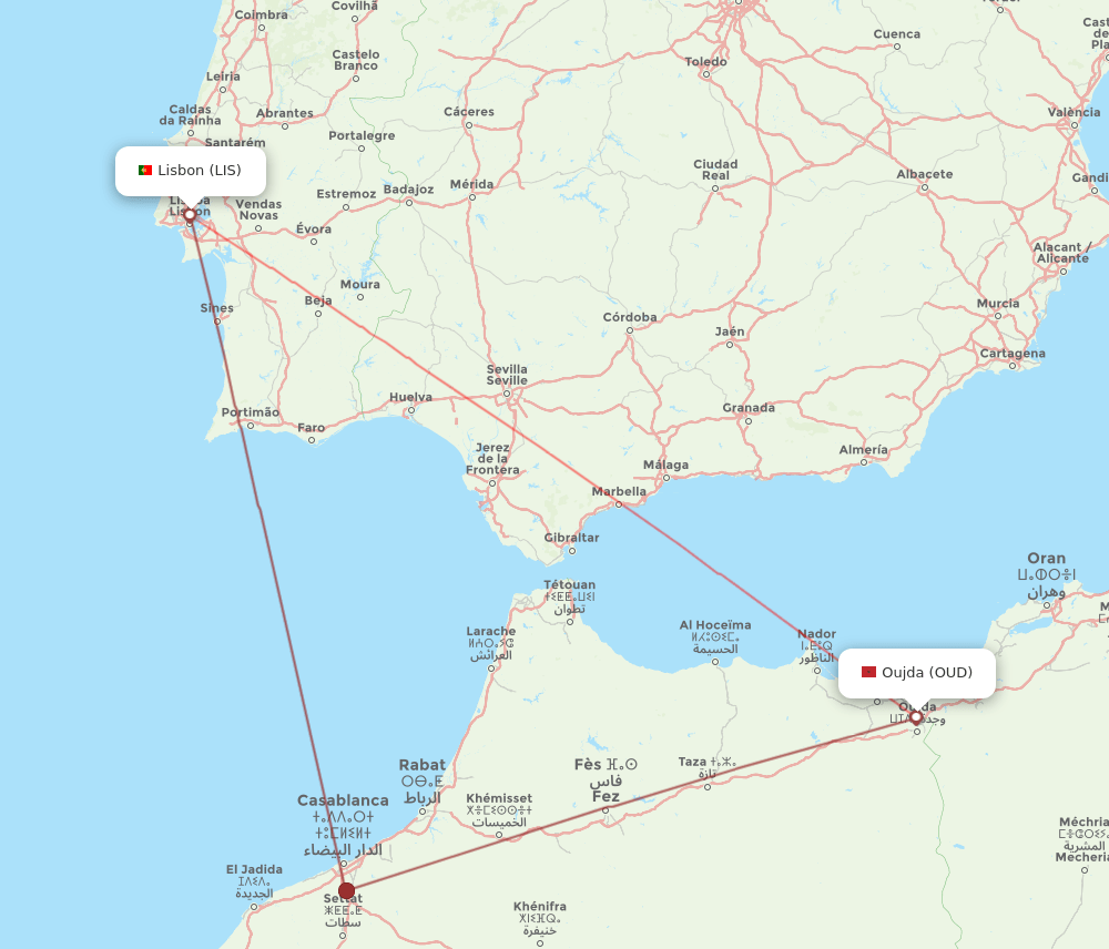 OUD-LIS flight routes