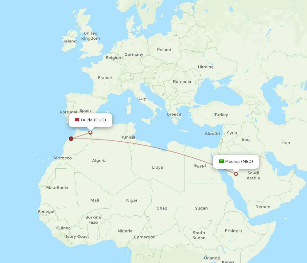 Madinah - Oujda route map and flight paths