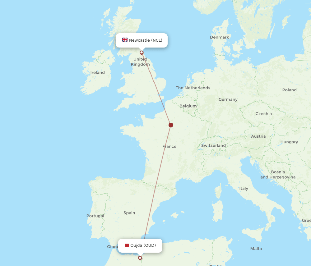 Newcastle - Oujda route map and flight paths