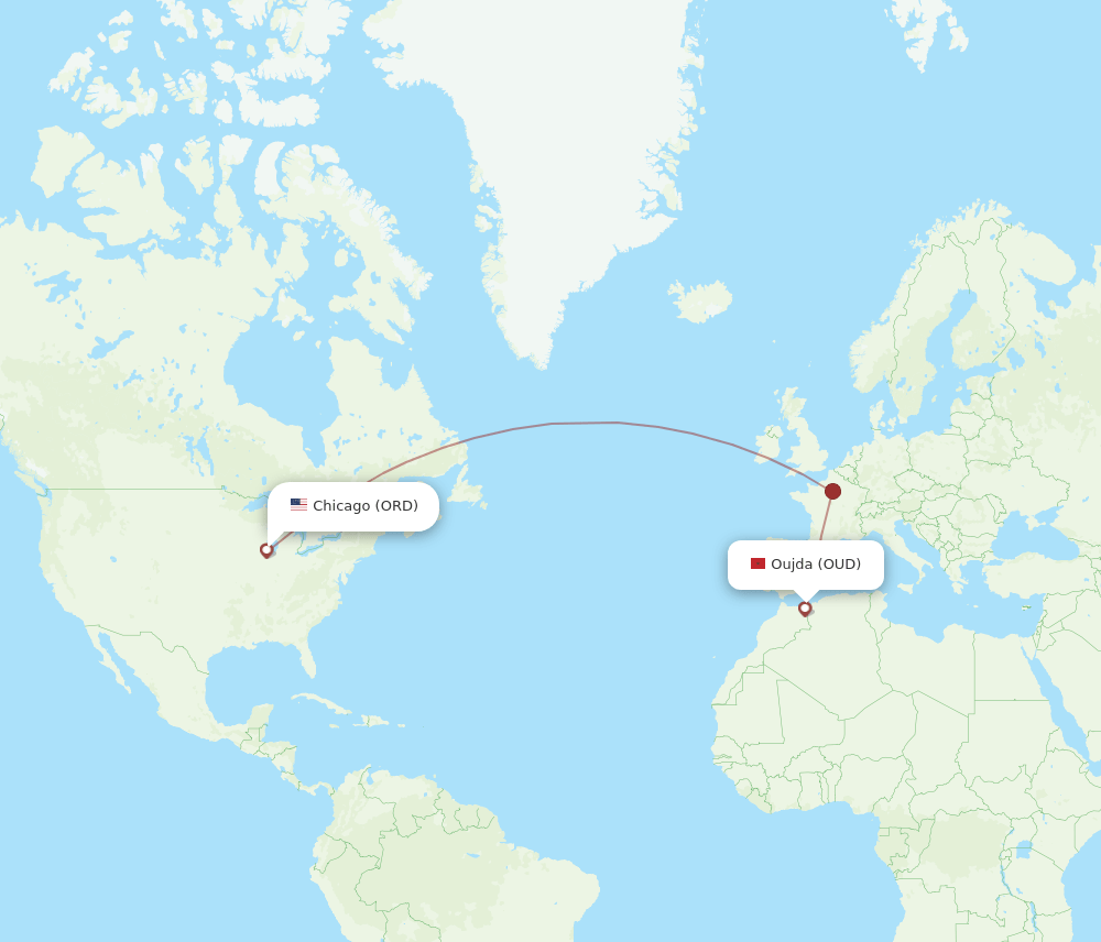 Chicago - Oujda route map and flight paths