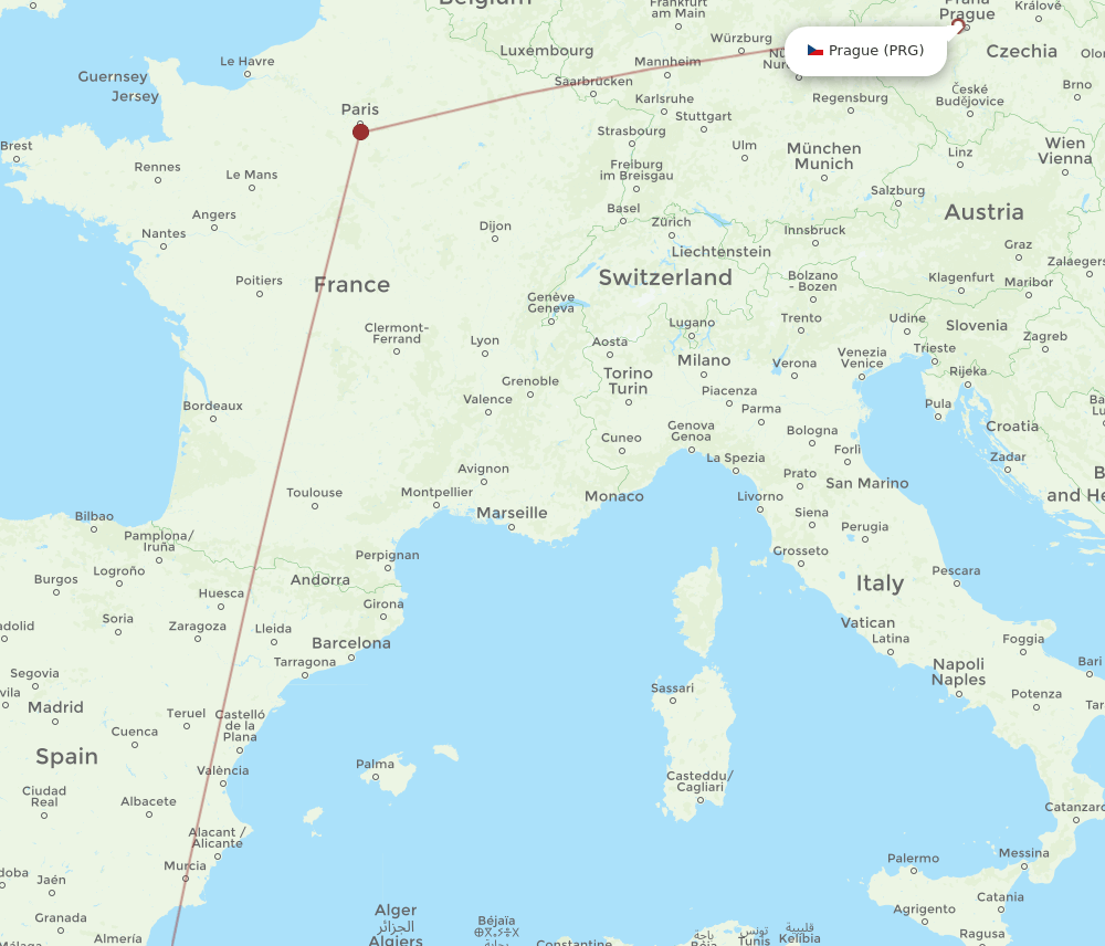 Prague - Oujda route map and flight paths