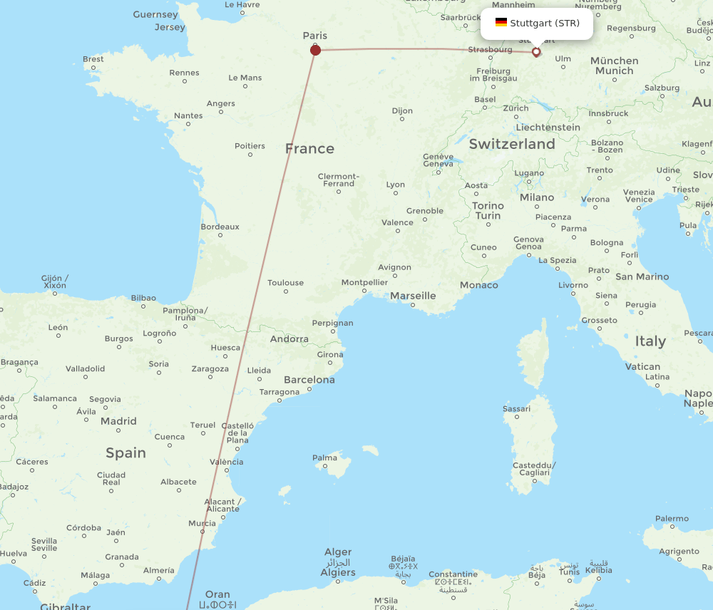 Stuttgart - Oujda route map and flight paths