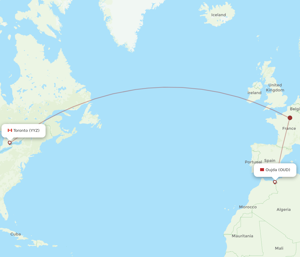 Toronto - Oujda route map and flight paths