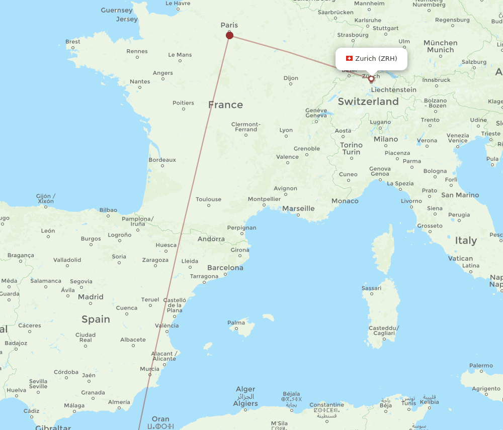 Zurich - Oujda route map and flight paths