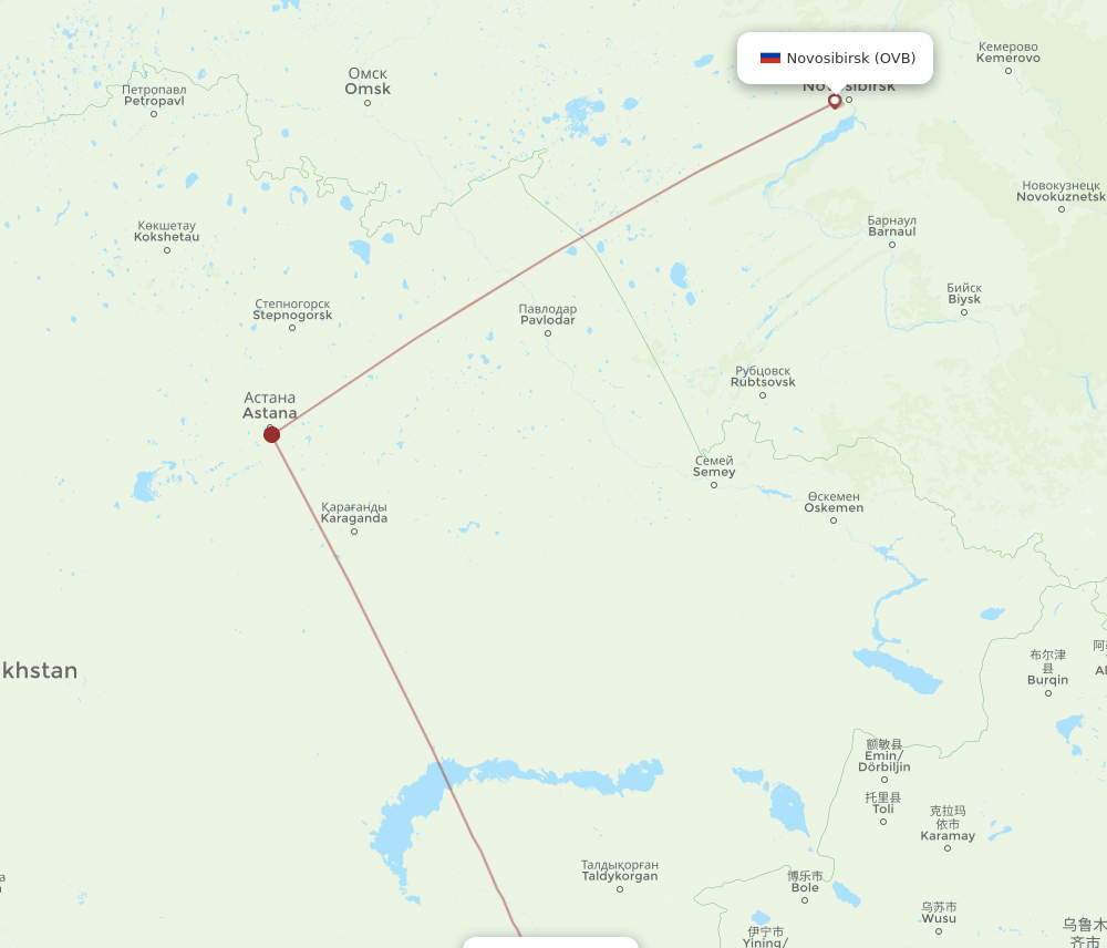 Novosibirsk - Almaty route map and flight paths