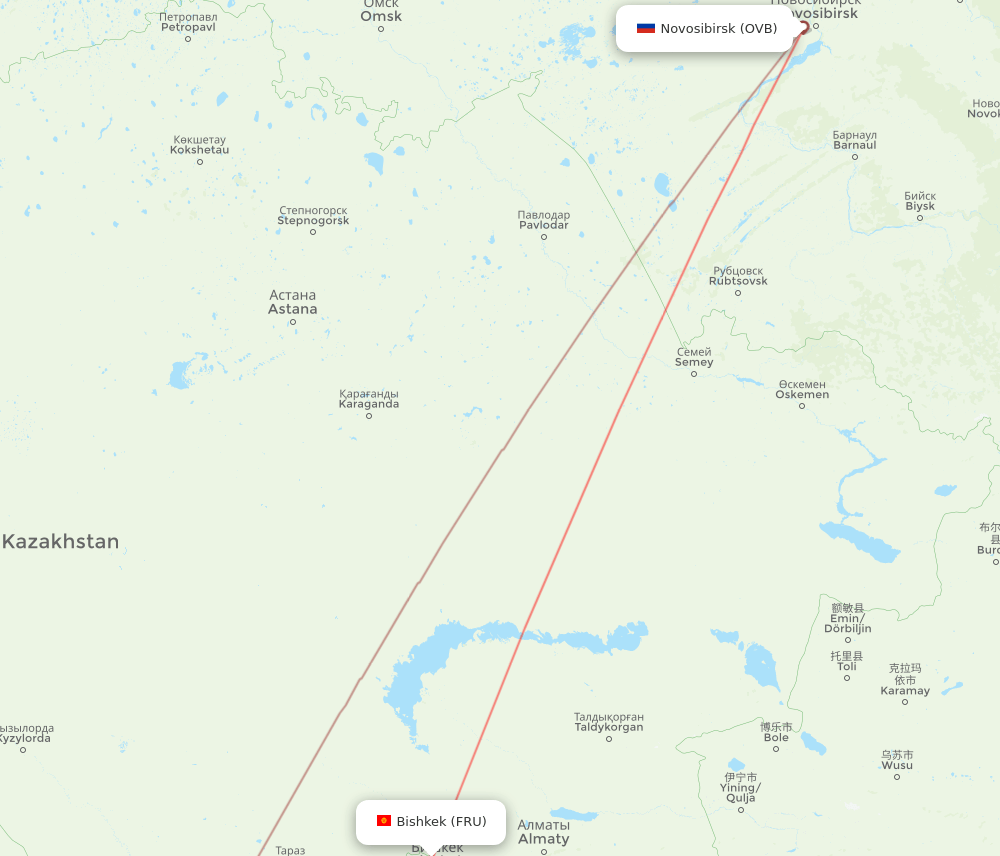 Novosibirsk - Bishkek route map and flight paths
