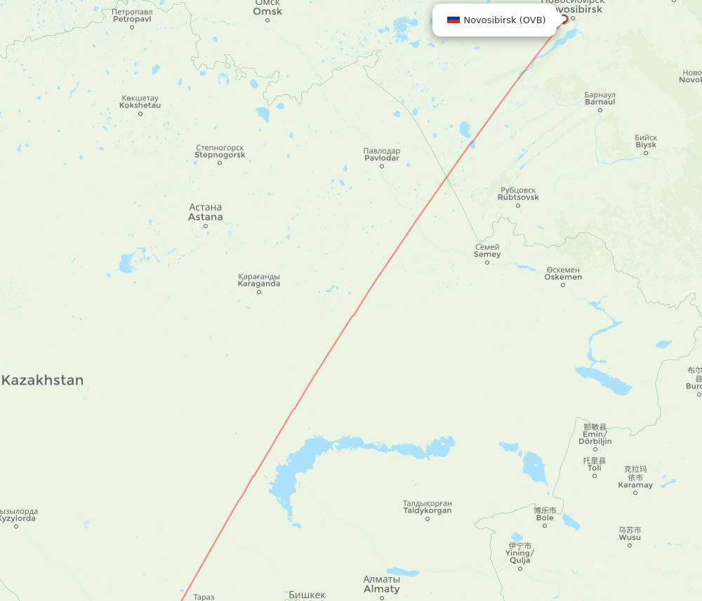 Novosibirsk - Tashkent route map and flight paths