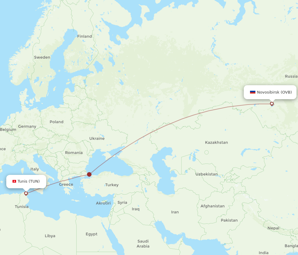 Tunis - Novosibirsk route map and flight paths