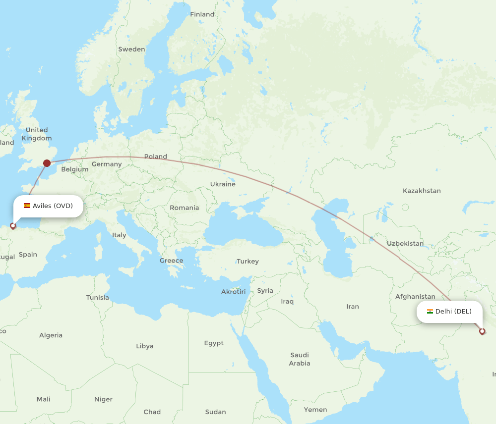 Delhi - Asturias route map and flight paths