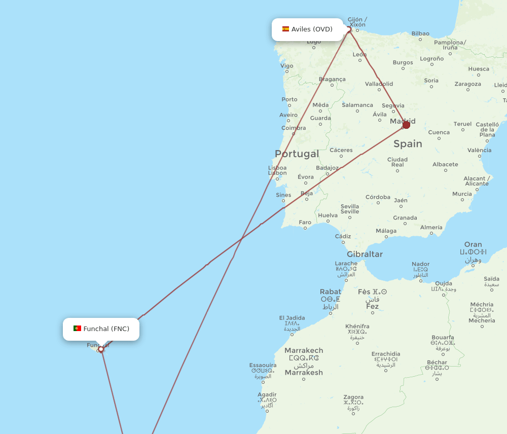 OVD to FNC flights and routes map
