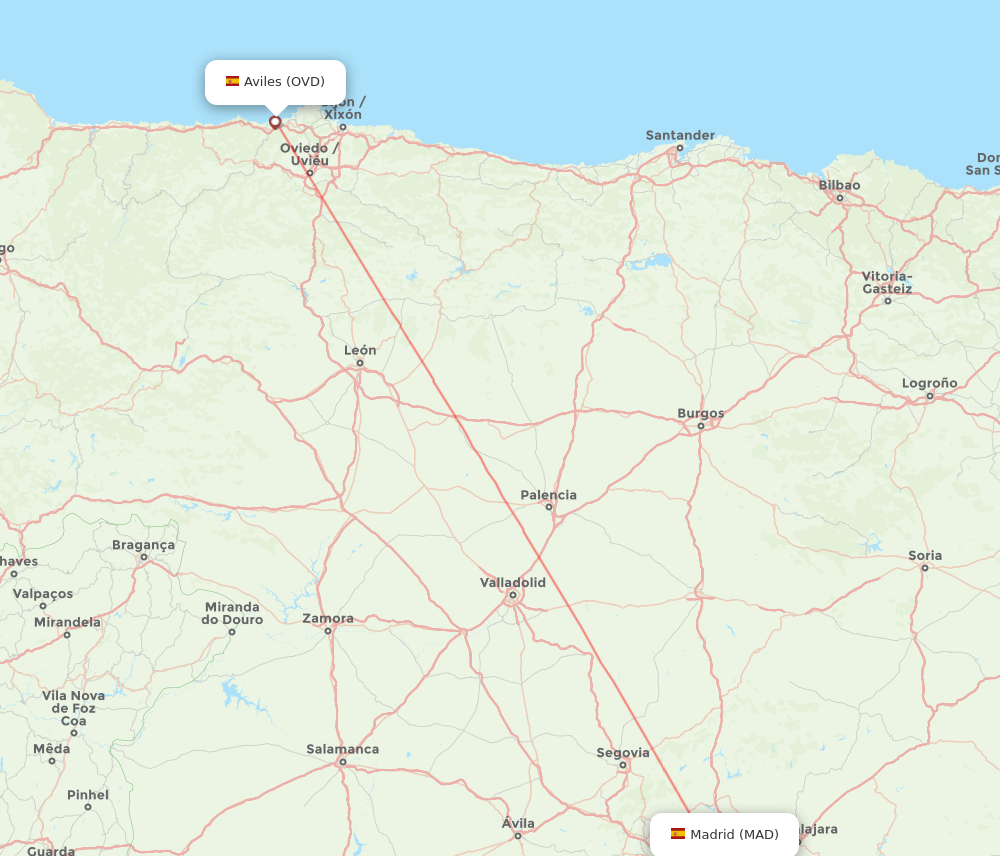 Asturias - Madrid route map and flight paths