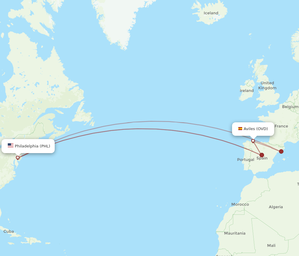 OVD-PHL flight routes