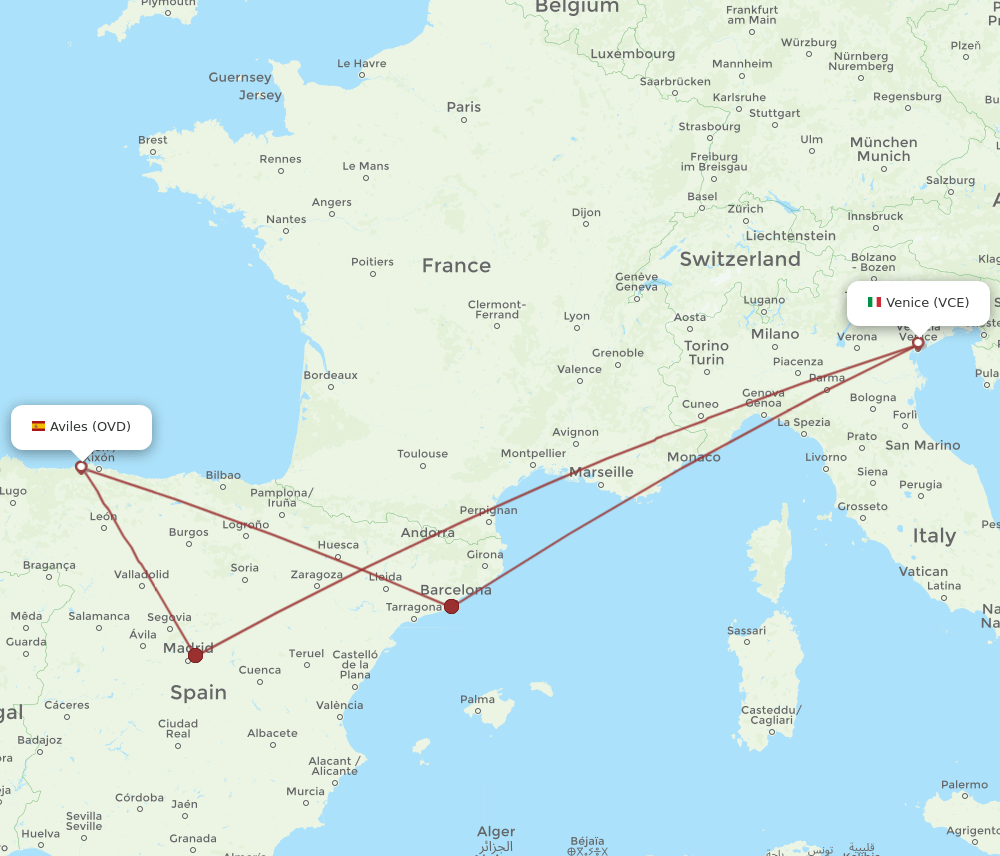 OVD to VCE flights and routes map