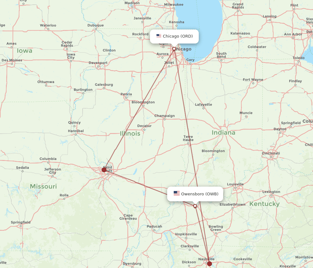 Owensboro - Chicago route map and flight paths
