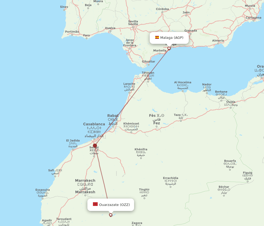 OZZ to AGP flights and routes map