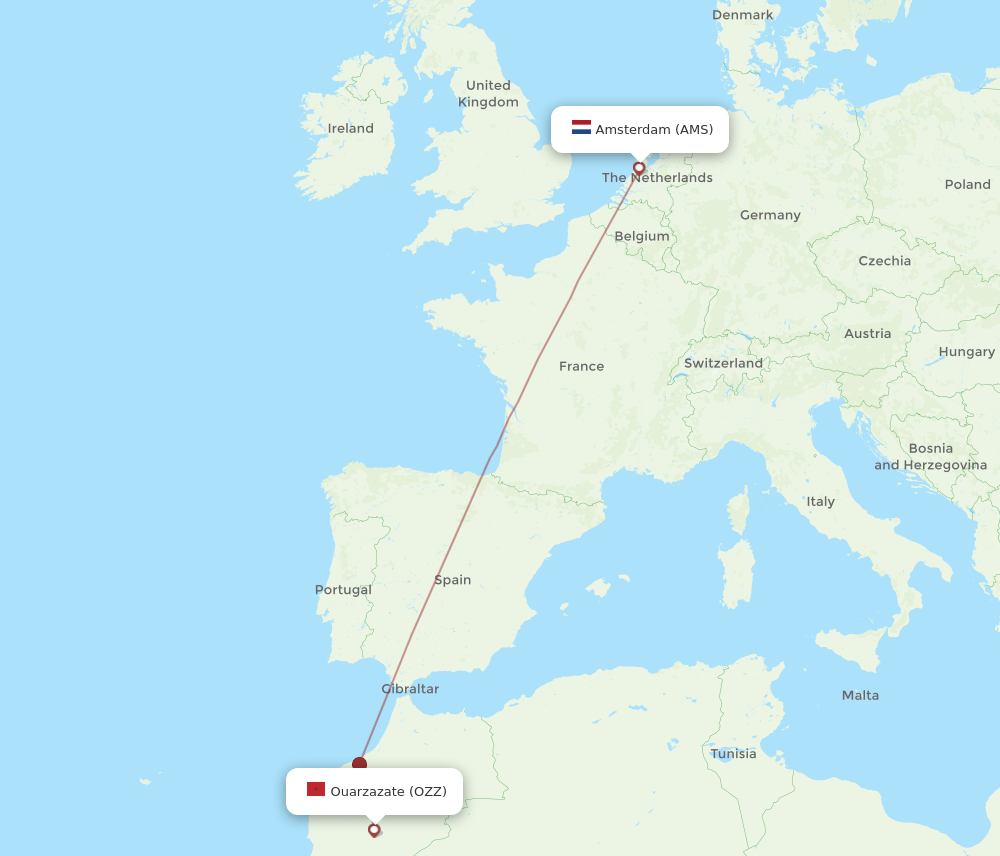 OZZ to AMS flights and routes map