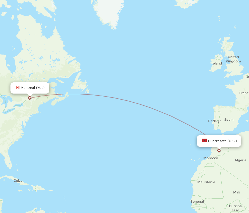 Montreal - Ouarzazate route map and flight paths