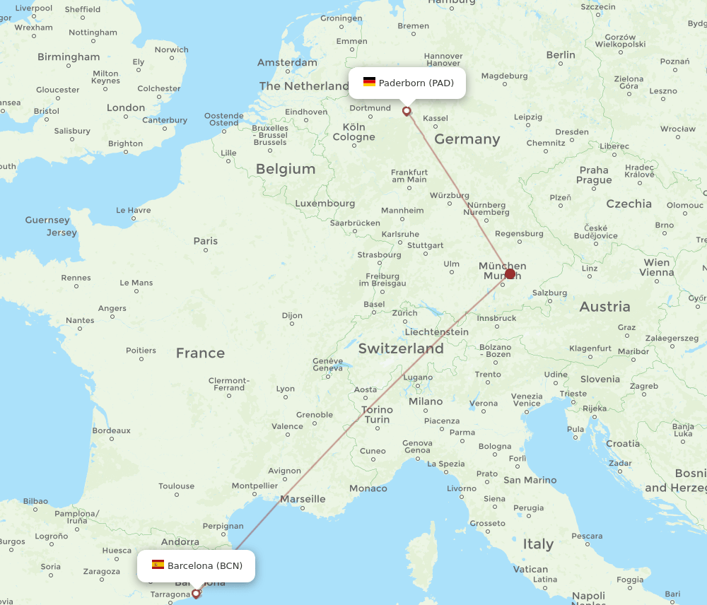Paderborn - Barcelona route map and flight paths