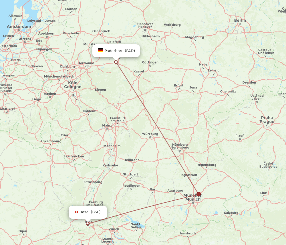 Paderborn - Basel, Switzerland/Mulhouse route map and flight paths