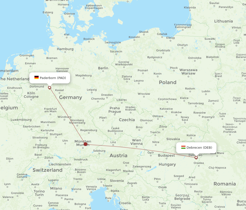 Paderborn - Debrecen route map and flight paths