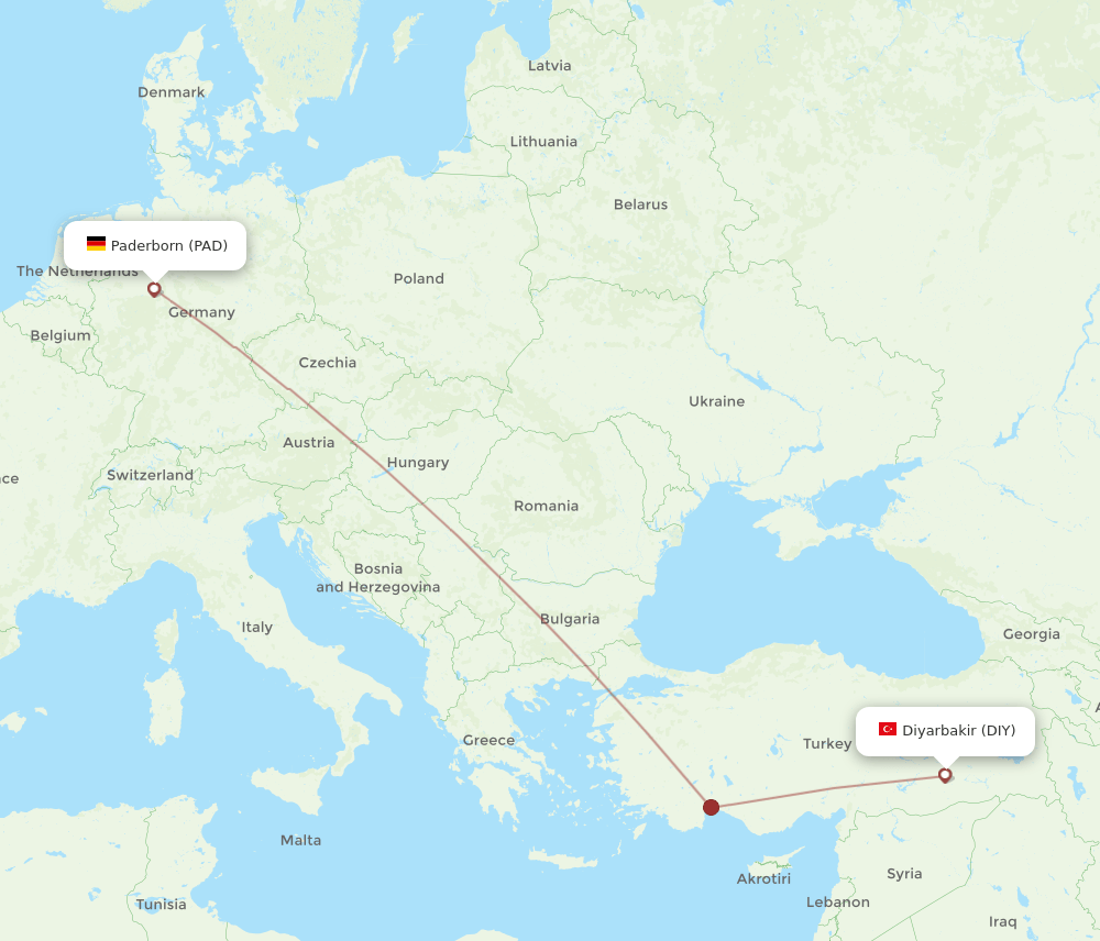PAD to DIY flights and routes map
