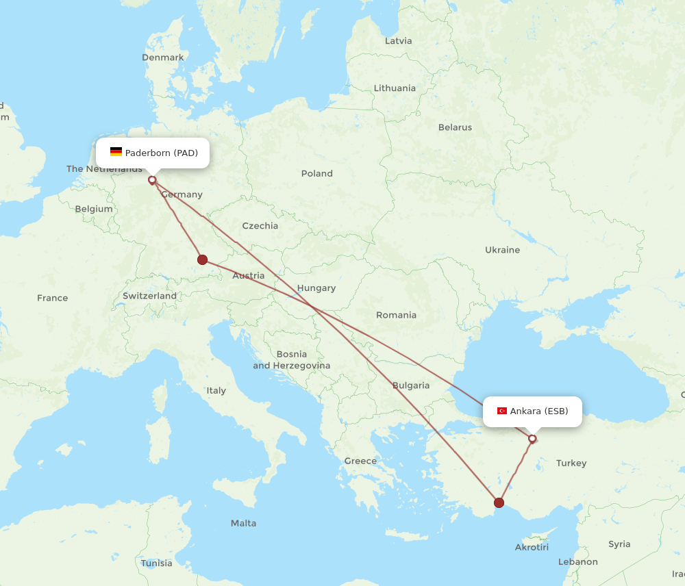 PAD to ESB flights and routes map