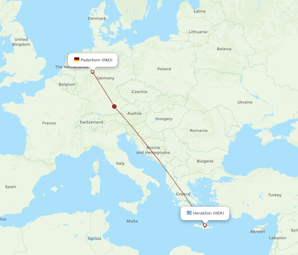 Paderborn - Heraklion route map and flight paths