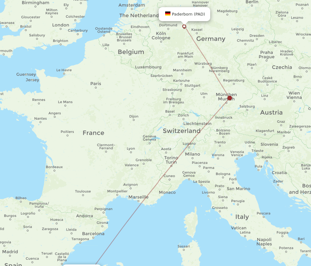 Paderborn - Ibiza route map and flight paths