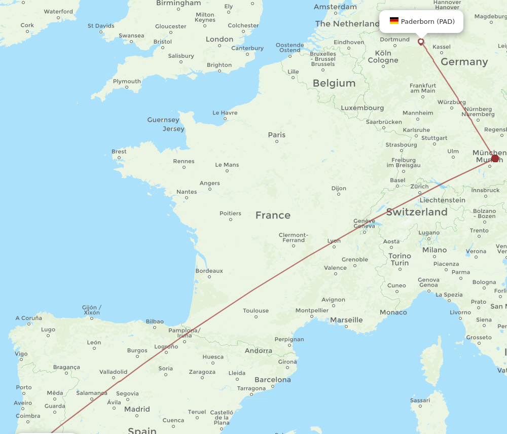 Paderborn - Lisbon route map and flight paths