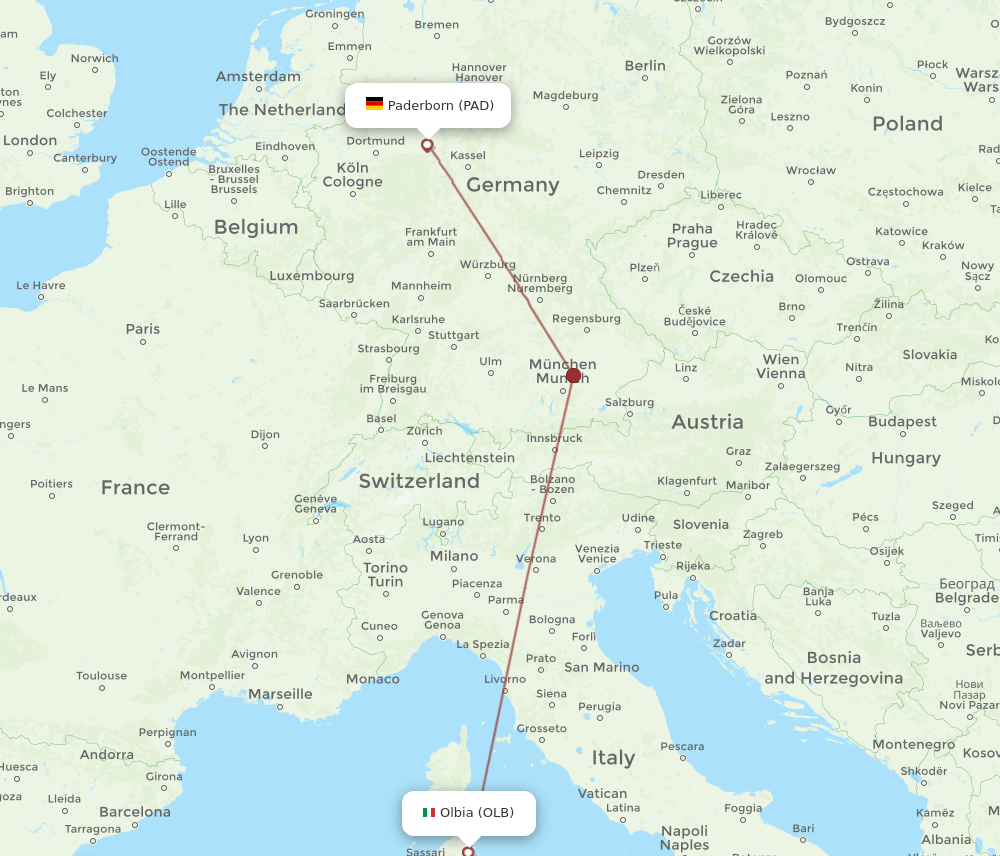 Paderborn - Olbia route map and flight paths