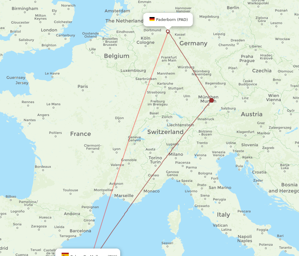 PAD to PMI flights and routes map