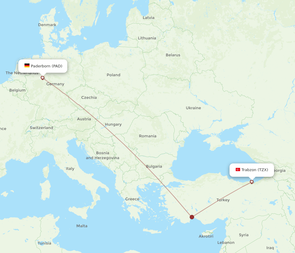 PAD-TZX flight routes