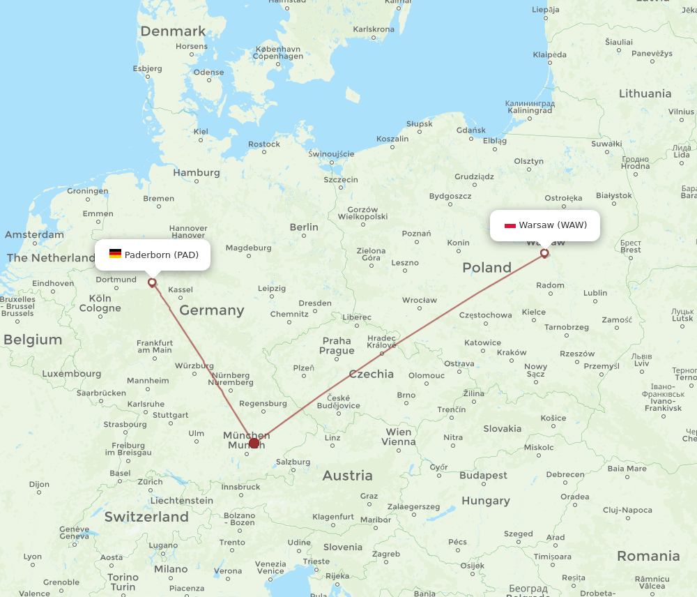 Paderborn - Warsaw route map and flight paths