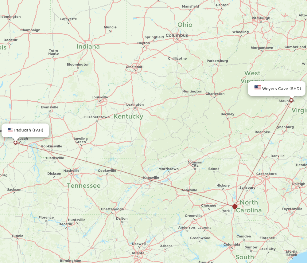 PAH to SHD flights and routes map