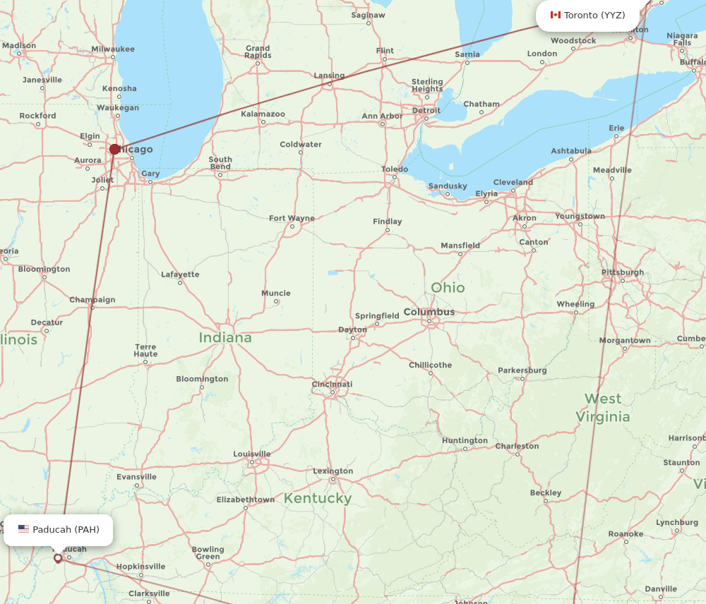 Toronto - Paducah route map and flight paths
