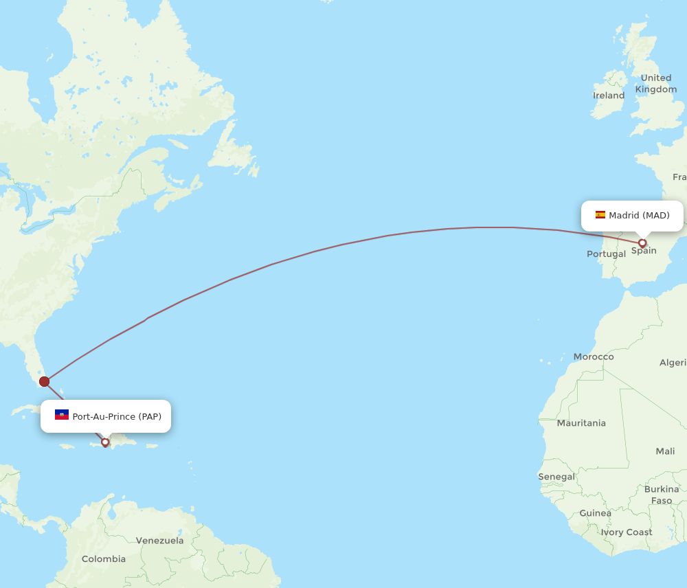 Madrid - Port-au-Prince route map and flight paths