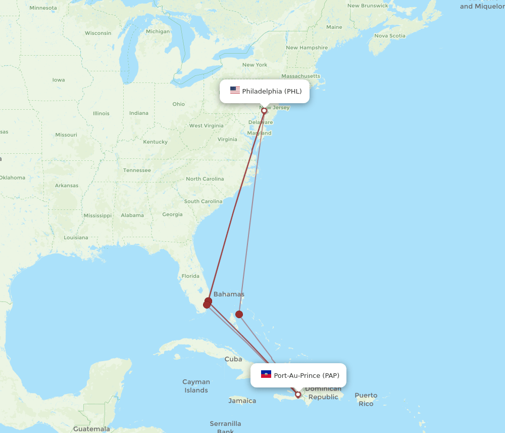 Port-au-Prince - Philadelphia route map and flight paths