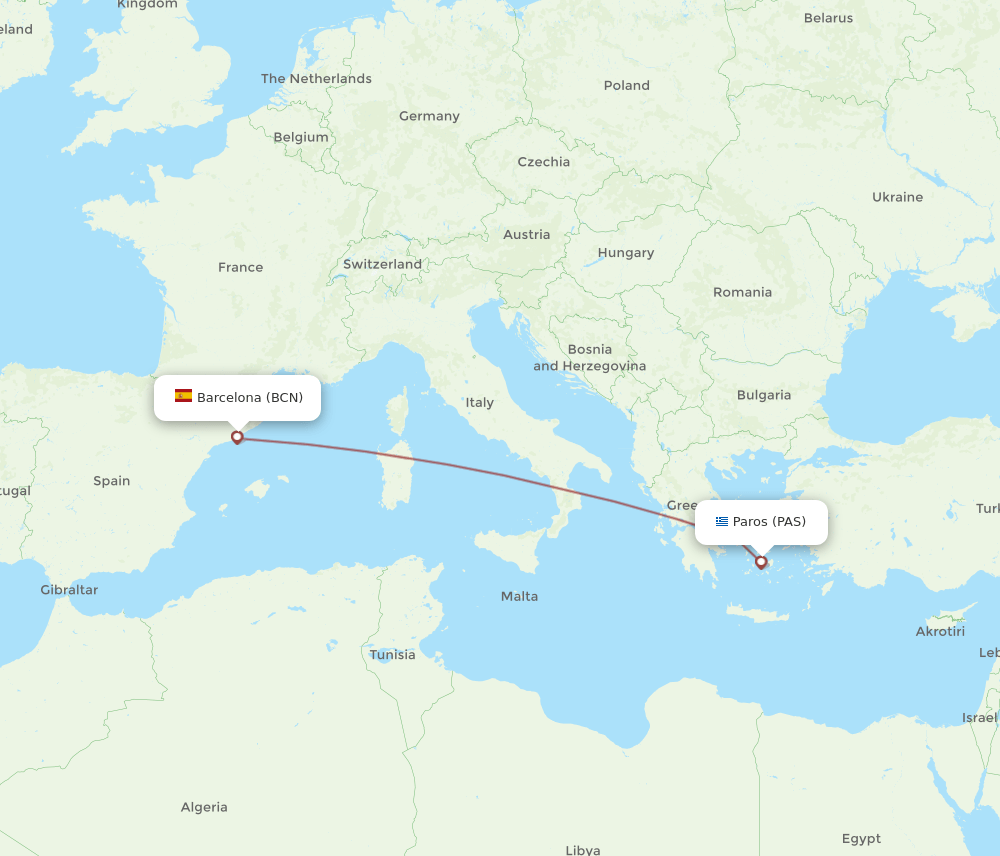 Barcelona - Paros route map and flight paths