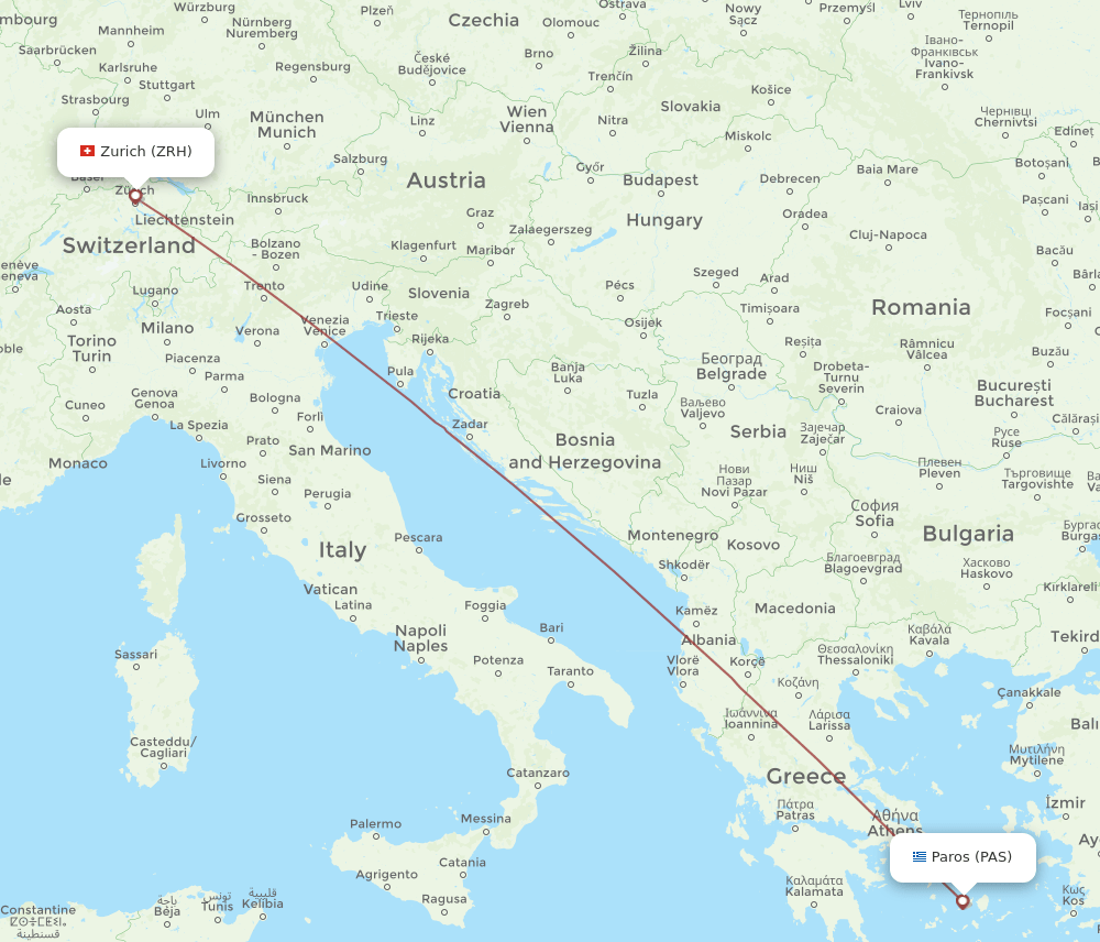 Zurich - Paros route map and flight paths