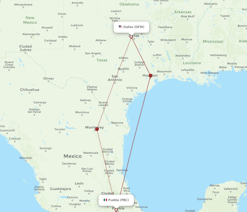 PBC-DFW flight routes
