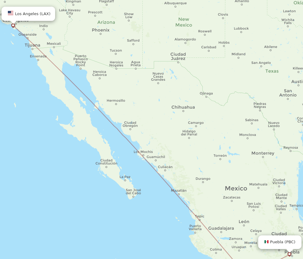 PBC to LAX flights and routes map