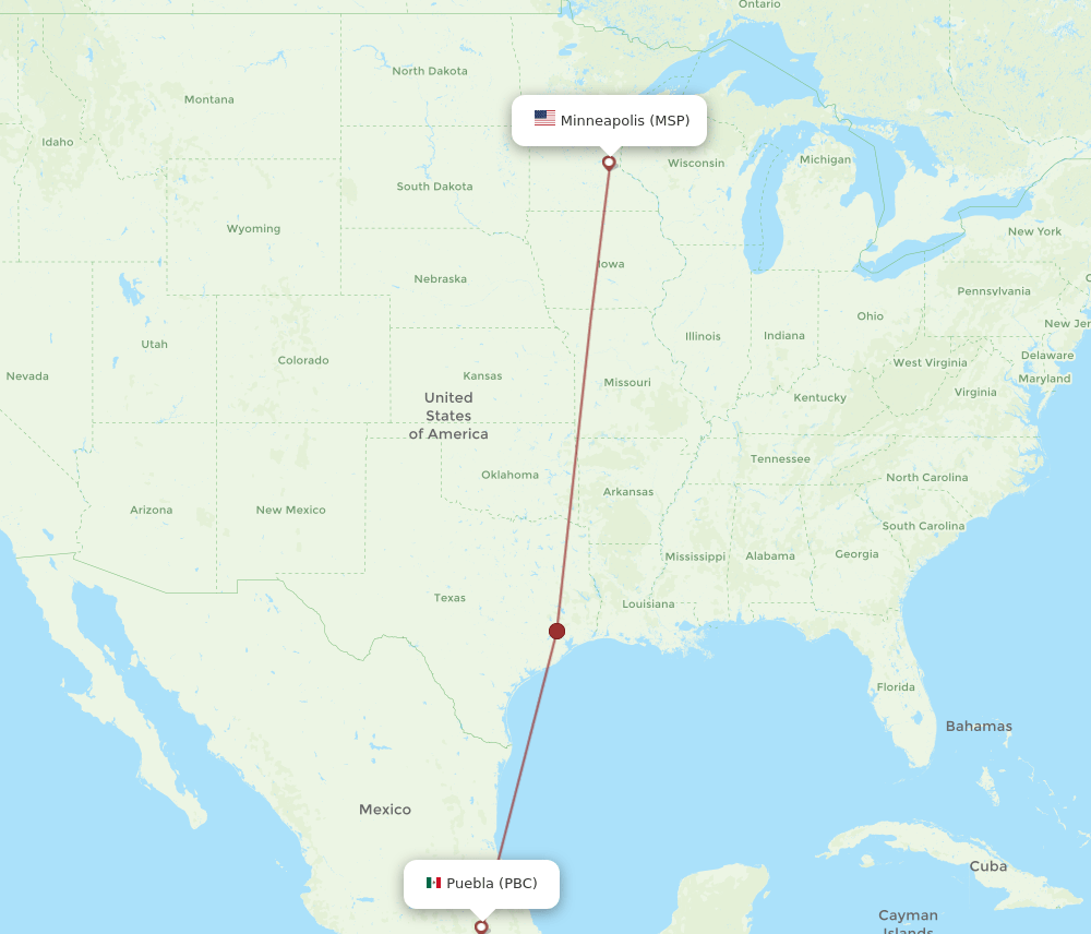 PBC to MSP flights and routes map